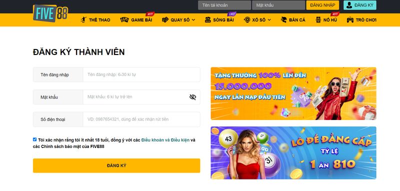 Đăng ký Five88 chỉ cần thực hiện vài bước đơn giản