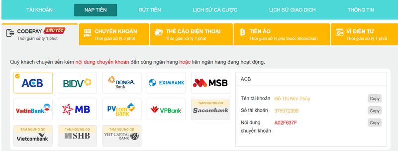 Hướng dẫn nạp tiền Five88 dễ dàng thông qua ngân hàng